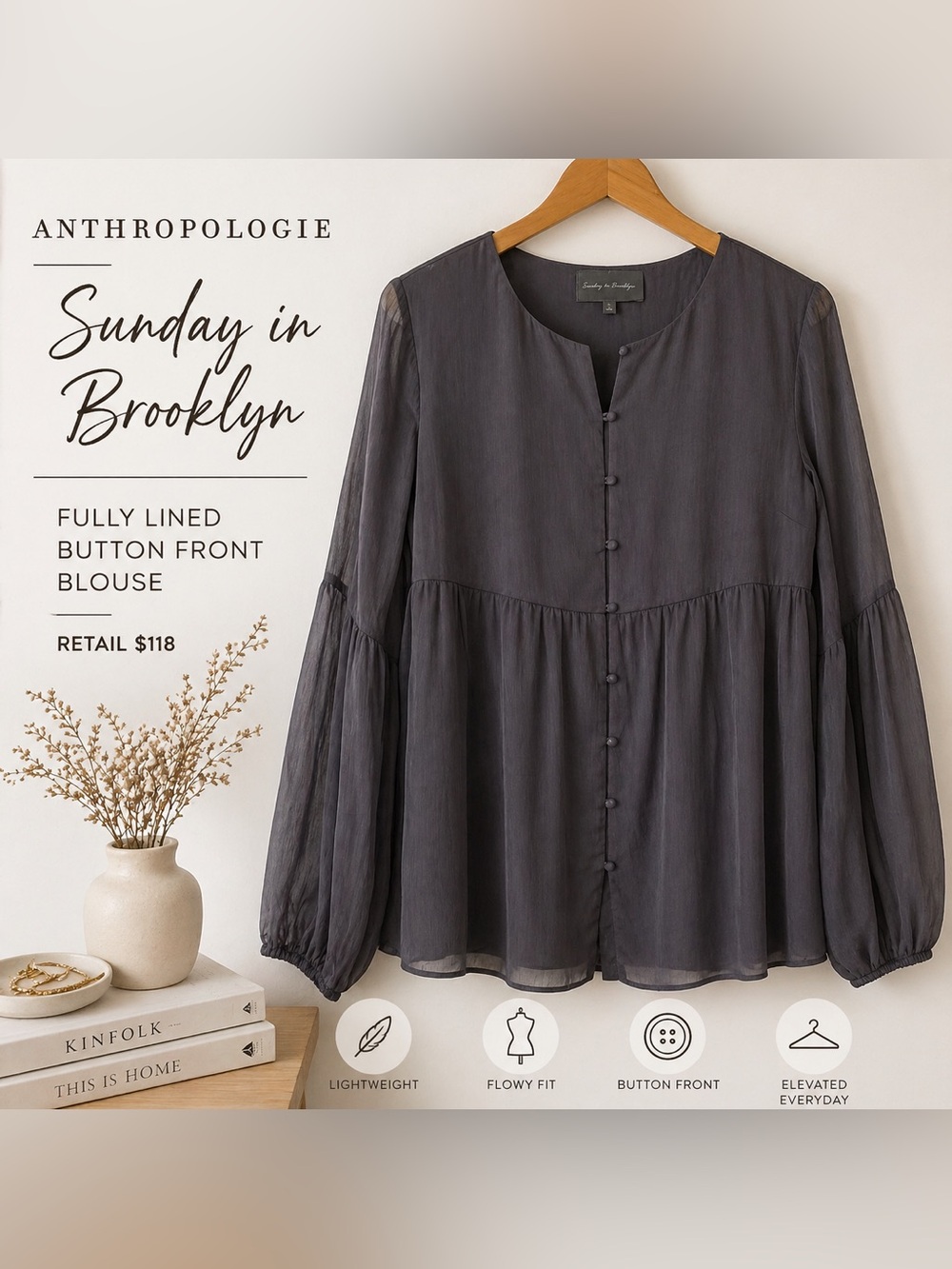 ANTHROPOLOGIE Sunday in Brooklyn Button-Front Blouse Charcoal Fully lined SizeS